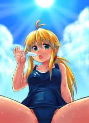Rule 34 | 1girl, blonde hair, breasts, cloud, day, eating, food, food on body, food on clothes, from below, green eyes, highres, koshirae tsurugi (m.m), long hair, m.m, medium breasts, one-piece swimsuit, open mouth, original, outdoors, ponytail, popsicle, school swimsuit, sitting, sky, solo, spread legs, sun, sweat, swimsuit, thighs, tongue, tongue out