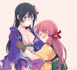 Rule 34 | 10s, 2girls, akashi (kancolle), areola slip, black hair, blue eyes, blush, breasts, brown gloves, brown hair, cleavage, commentary request, fuji fujino, glasses, gloves, hair censor, hair ornament, japanese clothes, kantai collection, kimono, long hair, looking at another, multiple girls, obi, ooyodo (kancolle), open clothes, open kimono, pink hair, sash, semi-rimless eyewear, torn clothes, twitter username, under-rim eyewear, yuri