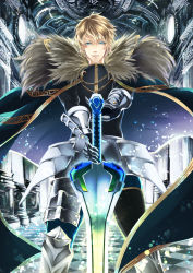 Rule 34 | 10s, 1boy, annojou haruto, armor, armored boots, blonde hair, blue eyes, boots, checkered floor, excalibur galatine (fate), fate/extra, fate (series), gauntlets, gawain (fate), highres, holding, holding sword, holding weapon, looking at viewer, male focus, parted lips, solo, standing, sword, weapon