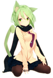 Rule 34 | 1girl, animal ears, black pantyhose, blush, breasts, cat ears, cat tail, full body, green eyes, green hair, looking at viewer, matching hair/eyes, necktie, original, pantyhose, scarf, short hair, simple background, sitting, skirt, solo, tail, white background, zizi (zz22)