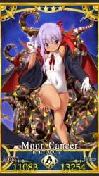 Rule 34 | 1girl, aged down, barefoot, bb (fate), bb (fate) (all), bb (swimsuit mooncancer) (fate), bb (swimsuit mooncancer) (third ascension) (fate), black coat, card (medium), coat, covered navel, fate/grand order, fate (series), gloves, hair ribbon, looking at viewer, one-piece swimsuit, popped collar, purple eyes, purple hair, ribbon, school swimsuit, smile, solo, swimsuit, tan, tentacles, utage nicholas, vampire costume, white gloves, white one-piece swimsuit, white school swimsuit