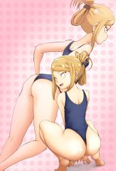 Rule 34 | 10s, 1girl, alternate hairstyle, ass, back, bare shoulders, blonde hair, breasts, brown eyes, dagashi kashi, earrings, endou saya, fang, from behind, highres, jewelry, leotard, long hair, looking at viewer, looking back, one-piece swimsuit, open mouth, piercing, ponytail, shiny skin, sideboob, smile, solo, squatting, swimsuit, thong, thong leotard, tof
