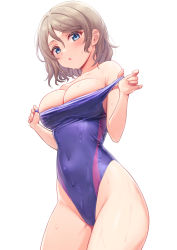 Rule 34 | 1girl, :o, blue eyes, blue one-piece swimsuit, breasts, brown hair, clothes pull, colored eyelashes, competition swimsuit, covered navel, cowboy shot, deadnooodles, from side, groin, highres, large breasts, legs together, looking at viewer, love live!, love live! sunshine!!, narrow waist, one-piece swimsuit, one-piece swimsuit pull, open mouth, pulled by self, short hair, simple background, solo, standing, swept bangs, swimsuit, thighs, watanabe you, wavy hair, wet, wet clothes, wet hair, wet swimsuit, white background