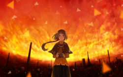 Rule 34 | 1girl, building, camera, capelet, cityscape, cloud, cloudy sky, commentary request, green skirt, holding, holding camera, long hair, long sleeves, looking at viewer, orange shirt, orange sky, original, sakimori (hououbds), scenery, shirt, skirt, sky, skyscraper, smile, solo, standing, star (sky), starry sky, sunset