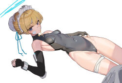 Rule 34 | 1girl, bandaged leg, bandages, bandaid, bandaid on cheek, bandaid on face, black gloves, blonde hair, blue archive, blue eyes, bow, braid, breasts, cameltoe, elbow gloves, fingerless gloves, gloves, hair bun, halo, highleg, highleg leotard, highres, leotard, looking at viewer, lovelyme, maid headdress, simple background, sketch, small breasts, solo, toki (blue archive)