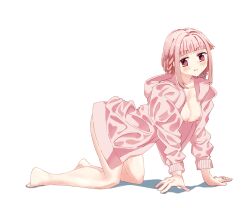 Rule 34 | 1girl, all fours, blunt bangs, blush, bottomless, braid, breasts, highres, hood, hoodie, kure7753, long hair, long sleeves, looking at viewer, magia record: mahou shoujo madoka magica gaiden, mahou shoujo madoka magica, medium breasts, naked hoodie, nude, open clothes, open mouth, pink eyes, pink hair, sidelocks, simple background, smile, solo, tamaki iroha, white background