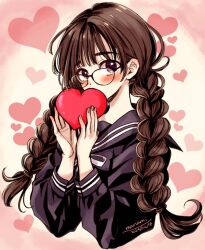 Rule 34 | 1girl, artist name, black-framed eyewear, black sailor collar, black shirt, blush, braid, brown eyes, brown hair, commentary, covering own mouth, cropped torso, dated, glasses, hands up, heart, heart background, holding, holding heart, long hair, long sleeves, looking at viewer, neck ribbon, original, pink background, ribbon, sailor collar, school uniform, serafuku, shirt, signature, solo, sugano manami, twin braids, upper body, valentine, white ribbon