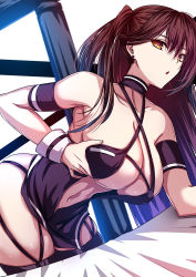 Rule 34 | 1girl, akeyama kitsune, ass, azur lane, bent over, black dress, black thighhighs, breasts, brown hair, cleavage, dress, earrings, jewelry, large breasts, long hair, looking at viewer, navel, official alternate costume, open mouth, orange eyes, revealing clothes, side ponytail, solo, thighhighs, zuikaku (azur lane), zuikaku (the wind&#039;s true name) (azur lane)