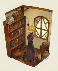 Rule 34 | 1boy,  background, artist name, black cat, black footwear, blonde hair, boots, box, cat, dated, flask, floorplan, from above, from behind, hand on own chin, hand up, herayoshi, herb, highres, indoors, jar, jitome, long sleeves, looking back, male focus, original, pouch, purple robe, resu (herayoshi), robe, round-bottom flask, scroll, short hair, simple background, simplest, standing, stool, stroking own chin, swept bangs, test tube, test tube rack, thinking, window