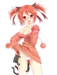 Rule 34 | 1girl, cat, fang, glasses, hand on own hip, highres, hip focus, jewelry, necklace, no bra, no pants, off shoulder, original, panties, porurin (do-desho), red-framed eyewear, red hair, solo, strap slip, sweater, twintails, underwear