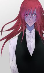 Rule 34 | 1boy, aeka (0ameiro0), colored skin, expressionless, gannen harst, highres, long hair, male focus, purple skin, red eyes, red hair, solo, the saga of darren shan, vest