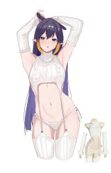 Rule 34 | 1girl, alternate costume, armpits, arms up, bare shoulders, blue eyes, breasts, chestnut mouth, cropped legs, detached sleeves, fang, garter straps, gradient hair, highres, hololive, hololive english, ku roiko, long hair, looking at viewer, meme attire, multicolored hair, navel, ninomae ina&#039;nis, open mouth, orange hair, panties, photo inset, pointy ears, purple hair, ribbed legwear, ribbed panties, ribbed sleeves, ribbed sweater, ribbed thighhighs, side-tie panties, sidelocks, simple background, sleeveless, sleeveless sweater, sleeveless turtleneck, small breasts, solo, stomach, sweater, tentacle hair, turtleneck, turtleneck sweater, underwear, virgin destroyer sweater, virtual youtuber, white background, white garter straps, white panties, white sweater