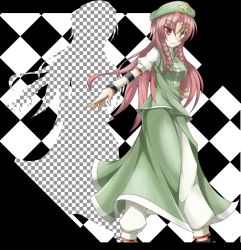 Rule 34 | 1girl, akisome hatsuka, braid, checkered background, chinese clothes, female focus, hair ribbon, hat, hatsuka (exsilver), hong meiling, long hair, red eyes, red hair, ribbon, silhouette, solo, star (symbol), touhou, twin braids