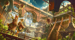 Rule 34 | 2girls, animal ears, architecture, banner, bespin, bride, brown hair, cloud, dutch angle, east asian architecture, flag, fox ears, fox tail, green hair, hands in opposite sleeves, hat, highres, lantern, multiple girls, original, pixiv fantasia, pixiv fantasia fallen kings, pointing, skirt, sky, sword, tail, weapon
