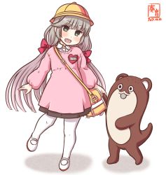 Rule 34 | 1girl, alternate costume, artist logo, bag, bokukawauso, brown skirt, commentary request, dated, full body, green eyes, grey hair, hat, kanon (kurogane knights), kantai collection, kindergarten bag, kindergarten uniform, long hair, long sleeves, low twintails, mikura (kancolle), name tag, one-hour drawing challenge, otter, pantyhose, pink shirt, school hat, school uniform, shirt, shoes, simple background, skirt, smile, smock, standing, twintails, uwabaki, white background, white pantyhose, yellow headwear
