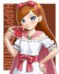 Rule 34 | 1girl, bare shoulders, blue eyes, blush, bow, cape, dragon quest, dragon quest x, dress, earrings, hairband, hand on own hip, ichikawa masahiro, jewelry, long hair, looking at viewer, orange hair, pink bow, pink cape, ring, rizerotta (dq10), sash, smile, solo, upper body, valentine, white dress