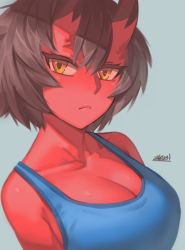Rule 34 | 1girl, blue tank top, breasts, brown eyes, brown hair, cleavage, closed mouth, colored skin, grey background, horns, kidouko (zakusi), large breasts, looking at viewer, oni, oni horns, original, red oni, red skin, short hair, signature, simple background, solo, symbol-only commentary, tank top, upper body, zakusi