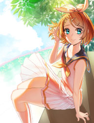 Rule 34 | 1girl, absurdres, bad id, bad pixiv id, blonde hair, blue eyes, day, hair ornament, hairpin, highres, hyoin, kagamine rin, looking at viewer, ribbon, school uniform, short hair, sky, smile, solo, vocaloid