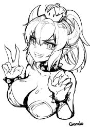 Rule 34 | 1girl, absurdres, artist name, bare shoulders, bowsette, bracelet, breasts, cleavage, collar, commentary, commentary request, cropped torso, crown, english commentary, fingernails, gendo0032, greyscale, grin, highres, horns, jewelry, large breasts, looking at viewer, mario (series), monochrome, new super mario bros. u deluxe, nintendo, pointy ears, ponytail, sharp fingernails, sharp teeth, simple background, sketch, smile, solo, spiked bracelet, spiked collar, spikes, super crown, teeth, upper body, v, v-shaped eyebrows, white background
