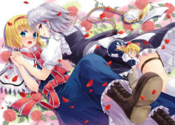 Rule 34 | 2girls, alice margatroid, blonde hair, blue eyes, blush, boots, braid, capelet, cross-laced footwear, doll, dress, falling petals, female focus, flower, frills, hairband, holding hands, hyuuga azuri, interlocked fingers, izayoi sakuya, lace-up boots, maid, maid headdress, multiple girls, open mouth, petals, pocket watch, red flower, red rose, rose, sash, shanghai doll, short hair, silver hair, touhou, twin braids, watch, weapon, yuri