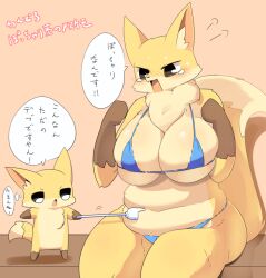Rule 34 | 1boy, 1girl, animal ears, bikini, black eyes, blue bikini, blush, breasts, cleavage, commentary request, feet out of frame, fox boy, fox ears, fox girl, fox tail, furry, furry female, furry male, huge breasts, lets0020, navel, nose blush, one-hour drawing challenge, open mouth, original, pink background, plump, poking belly, simple background, sitting, size difference, swimsuit, tail, translation request, v-shaped eyes