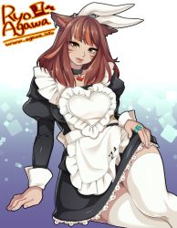 Rule 34 | 10s, 1girl, agawa ryou, animal ears, artist name, breasts, brown eyes, brown hair, cat ears, collar, curvy, final fantasy, final fantasy xiv, heart, heart necklace, jewelry, large breasts, lips, long hair, looking at viewer, maid, miqo&#039;te, mole, mole under eye, necklace, rabbit ears, ring, sitting, smile, solo, thighhighs, watermark, web address, white thighhighs, wide hips