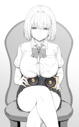 Rule 34 | 1girl, bob cut, bow, bowtie, breasts, button gap, chair, crossed legs, graphics card, greyscale, hair ornament, hairclip, highres, himeko (sky-freedom), large breasts, looking at viewer, monochrome, original, pleated skirt, school uniform, shirt, short hair, short sleeves, sitting, skirt, sky-freedom, smile, solo, spot color, taut clothes, taut shirt, graphics card, white background