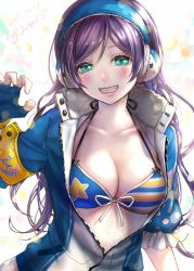 Rule 34 | 1girl, artist name, bikini, bikini top only, blush, breasts, cleavage, collarbone, dated, earmuffs, fingerless gloves, frilled sleeves, frills, front-tie top, gloves, green eyes, grin, halterneck, jacket, large breasts, lips, lma, long hair, looking at viewer, love live!, love live! school idol festival, love live! school idol project, open clothes, open jacket, partially unzipped, purple hair, signature, smile, solo, swimsuit, teeth, tojo nozomi, upper body
