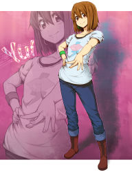 Rule 34 | 1girl, bad id, bad pixiv id, blush, boots, brown eyes, brown hair, casual, denim, earrings, hirasawa yui, jeans, jewelry, k-on!, listen!!, pants, pirano, short hair, smile, solo, zoom layer