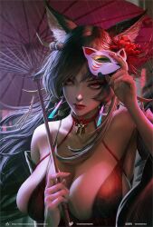 Rule 34 | 1girl, animal ears, black hair, blue archive, breasts, choker, cleavage, earrings, fox ears, fox girl, fox mask, hair ornament, hair stick, holding, holding umbrella, jewelry, large breasts, long hair, mask, oil-paper umbrella, original, red eyes, red lips, sleeveless, solo, umbrella, wakamo (blue archive), wakamo (swimsuit) (blue archive), wang chen