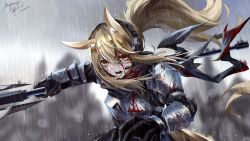 Rule 34 | 1girl, animal ears, arknights, arm guards, armor, armored dress, axe, black dress, black gloves, blonde hair, blurry, blurry background, breastplate, dated, depth of field, dress, gloves, headset, highres, holding, holding axe, horse ears, implied extra ears, long hair, nearl (arknights), open mouth, outdoors, ponytail, rain, rhodes island logo (arknights), sidelocks, signature, solo focus, upper body, v-shaped eyebrows, z 05