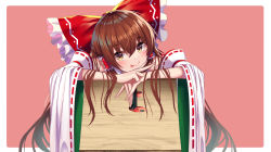 Rule 34 | 1girl, absurdres, afueeriru, bow, box, brown eyes, brown hair, detached sleeves, frilled bow, frills, hair bow, hair tubes, hakurei reimu, highres, japanese clothes, long hair, miko, nontraditional miko, red bow, ribbon-trimmed sleeves, ribbon trim, sidelocks, touhou, wood, wooden box, yellow neckwear