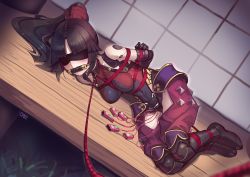 Rule 34 | 1girl, absurdres, android, arms behind back, bdsm, black blindfold, black hair, black leotard, blindfold, bondage, bound, bound arms, bound legs, bound torso, breast bondage, breasts, collar, covered navel, fate/grand order, fate (series), gag, highres, joints, kaddo, katou danzou (fate), leash, leotard, lying, mechanical arms, medium breasts, multicolored leotard, on side, parted bangs, ponytail, porch, pussy juice, red leotard, red rope, remote control vibrator, robot joints, rope, sex toy, shibari, shibari over clothes, single mechanical arm, slave, solo, veranda, vibrator, vibrator under clothes, viewer holding leash, wooden floor, yellow eyes
