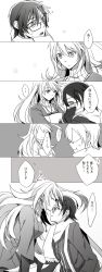Rule 34 | 1boy, 1girl, comic, contemporary, closed eyes, glasses, greyscale, hetero, highres, jewelry, jude mathis, kiss, kissing forehead, long hair, milla maxwell, monochrome, necklace, official alternate costume, scarf, school uniform, short hair, tales of (series), tales of xillia, translation request, zubora na kintoki