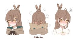 Rule 34 | 1girl, absurdres, ahoge, blush, brown capelet, brown cloak, brown eyes, brown hair, brown pajamas, capelet, cleavage cutout, cloak, clothing cutout, daikon keroi, feather hair ornament, feathers, flustered, friend (nanashi mumei), hair ornament, hairclip, highres, hololive, hololive english, long hair, looking at viewer, multicolored hair, multiple views, nanashi mumei, hugging object, objectification, pajamas, pillow, pillow hug, ponytail, pout, ribbon, shirt, squiggle, streaked hair, very long hair, virtual youtuber, white shirt