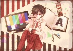 Rule 34 | 1boy, a-ya (shuuen no shiori), alphabet, animal print, bandaged ear, black hair, blazer, book, bookmark, brown cardigan, button eyes, buttons, cardigan, cat print, character name, closed mouth, collared shirt, edamame 888, expressionless, eyepatch, feet out of frame, floral print, fringe trim, holding, holding stuffed toy, jacket, long bangs, looking at viewer, loose necktie, lop rabbit ears, male focus, necktie, one-eyed, open book, open collar, pants, plaid, plaid pants, pocket, rabbit ears, red eyes, red necktie, red pants, red trim, school uniform, scissors, shirt, short hair, shuuen no shiori project, sitting, sleeve cuffs, solo, striped, striped background, stuffed animal, stuffed rabbit, stuffed toy, television, triangle, unmoving pattern, vertical stripes, white shirt