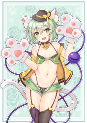 Rule 34 | 1girl, :d, animal ear fluff, animal ears, animal hands, bare shoulders, bell, black collar, black hat, black panties, black thighhighs, blush, bra, breasts, cat ears, cat tail, collar, collarbone, cowboy shot, floral background, garter straps, gloves, green background, green bra, green eyes, green hair, green skirt, hair between eyes, halterneck, hat, hat ribbon, head tilt, heart, highleg, highleg panties, highres, jacket, jingle bell, kemonomimi mode, komeiji koishi, looking at viewer, microskirt, mini hat, navel, neck bell, off shoulder, open clothes, open jacket, open mouth, outline, panties, paw gloves, revision, ribbon, short hair, skirt, small breasts, smile, solo, standing, stomach, tail, thighhighs, third eye, touhou, underwear, yangshangshu, yellow jacket, yellow ribbon