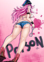 Rule 34 | 1girl, 4zz, ass, blue eyes, blue shorts, breasts, character name, closed mouth, cuffs, cutoffs, denim, denim shorts, final fight, hair between eyes, handcuffs, hat, high heels, highres, legs, long hair, looking at viewer, looking back, looking down, medium breasts, peaked cap, pink hair, poison (final fight), short shorts, shorts, solo, standing, tank top, thighs