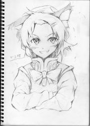 Rule 34 | 1girl, chen, female focus, forehead, greyscale, grin, hair ornament, hairclip, monochrome, sketch, smile, solo, touhou, traditional media, upper body, vent arbre