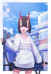 Rule 34 | 1girl, absurdres, blush, bob cut, breasts, clothes writing, contemporary, eyeliner, fate/grand order, fate (series), highres, horns, long sleeves, looking at viewer, makeup, oni, open mouth, purple eyes, purple hair, sawarineko, short hair, shuten douji (fate), skin-covered horns, small breasts, smile, solo