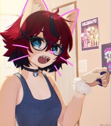 Rule 34 | 1girl, aeiou (yoako), animal ears, bell, black-framed eyewear, black choker, cat ears, choker, drawn ears, drawn whiskers, fingernails, five nights at freddy&#039;s, furry, furry female, glasses, hair ornament, hand up, heart, jingle bell, long fingernails, looking at viewer, medium hair, multicolored hair, neck bell, open mouth, original, paw pose, poster (object), power symbol-shaped pupils, red hair, sharp teeth, shirt, solo, streaked hair, symbol-shaped pupils, teeth, upper teeth only, x hair ornament, yoako