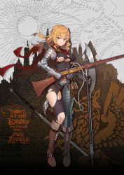 1girl armor artist_request asymmetrical_dual_wielding bardiche_(weapon) blue_eyes bolt_action boots breasts brown_footwear cape character_name closed_mouth damaged dual_wielding gauntlets girls&#039;_frontline gun holding holding_gun holding_weapon large_breasts long_hair mosin-nagant mosin-nagant_(blade_of_white_steel)_(girls&#039;_frontline) mosin-nagant_(girls&#039;_frontline) official_alternate_costume official_art orange_hair plate_armor polearm red_cape rifle sidelocks solo standing sword torn_cape torn_clothes torn_legwear weapon