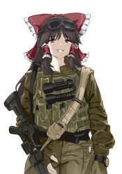 Rule 34 | 1girl, :d, alternate costume, ammunition pouch, ar-15, arm at side, bad gun anatomy, belt, binoculars, black belt, bow, brown eyes, brown hair, bulletproof vest, cargo pants, collared jacket, commentary, cowboy shot, eyewear on head, fingerless gloves, frilled bow, frilled hair tubes, frills, gloves, goggles, goggles on head, green gloves, green jacket, green pants, grin, gun, gun sling, hair bow, hair tubes, hakurei reimu, highres, jacket, load bearing vest, long hair, long sleeves, looking at viewer, magazine (weapon), military jacket, mutugorou u, open mouth, optical sight, pants, pocket, pouch, red bow, rifle, simple background, smile, solo, touhou, very long hair, watch, weapon, white background, wispy bangs, wristwatch