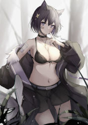 Rule 34 | 1girl, absurdres, animal ears, bandaid, bandaid on arm, bandaid on face, bare shoulders, black bra, black choker, black coat, black hair, black shorts, bra, breasts, choker, cleavage, coat, commentary, ear piercing, fur-trimmed coat, fur trim, hair ornament, hand up, highres, kurohikage, large breasts, long sleeves, looking at viewer, multicolored hair, nail polish, navel, off shoulder, open clothes, open coat, original, piercing, puffy long sleeves, puffy sleeves, purple eyes, purple hair, purple nails, short hair, shorts, solo, standing, stomach, streaked hair, underwear