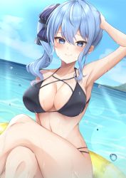 Rule 34 | 1girl, absurdres, alternate breast size, arm up, armpits, bikini, black bikini, blue eyes, blue hair, blush, breasts, cleavage, closed mouth, collarbone, crossed legs, hair ornament, hand on own head, highres, hololive, hoshimachi suisei, innertube, large breasts, long hair, looking at viewer, miyagi ratona, navel, outdoors, side ponytail, sitting, smile, solo, swim ring, swimsuit, thighs, virtual youtuber, water, wet