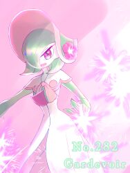 Rule 34 | 108 (otasuke108), 1girl, bob cut, bonnet, capelet, character name, clothed pokemon, colored skin, creatures (company), english text, female focus, flat chest, flower, game freak, gardevoir, gardevoir (fashionable), gen 3 pokemon, green hair, green skin, hair over one eye, hand up, hat, hat flower, highres, looking at viewer, multicolored skin, nintendo, one eye covered, open mouth, pink background, pink eyes, pink flower, pink hat, pink trim, pokedex number, pokemon, pokemon (creature), pokemon unite, short hair, solo, sparkle, standing, two-tone skin, white capelet, white skin