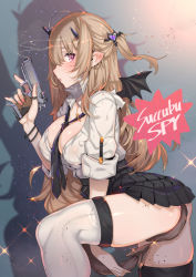 Rule 34 | 1girl, between breasts, black skirt, blonde hair, breasts, cleavage, collared shirt, commentary, cowboy shot, demon girl, demon tail, demon wings, english commentary, english text, covered erect nipples, gun, hair ornament, handgun, holding, holding gun, holding weapon, horns, looking at viewer, m1911, mole, mole under eye, necktie, necktie between breasts, original, pistol, pleated skirt, purple eyes, shirt, skirt, sleeves rolled up, solo, sparkle, demon girl, tail, tajima ryuushi, thighhighs, weapon, wings