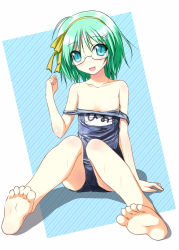Rule 34 | 1girl, bare shoulders, barefoot, blush, collarbone, feet, flat chest, foreshortening, glasses, green eyes, green hair, hio raichi, kyou ami!, matching hair/eyes, nirap, one-piece swimsuit, open mouth, school swimsuit, short hair, sitting, slit pupils, smile, soles, solo, swimsuit, toes, wet