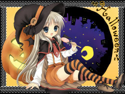 Rule 34 | bat wings, blue eyes, buttons, candy, cape, fang, food, halloween, hanabana tsubomi, hat, highres, large buttons, little busters!, lollipop, long hair, noumi kudryavka, solo, striped clothes, striped thighhighs, swirl lollipop, thighhighs, white hair, wings, witch hat