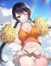 Rule 34 | 1girl, absurdres, bare arms, bare shoulders, blue eyes, blue sky, breasts, brown hair, cameltoe, cheerleader, cleavage, clothes lift, cloud, cloudy sky, collarbone, commentary request, day, dutch angle, gluteal fold, grin, hair between eyes, hands up, highres, holding, ia (ias1010), long hair, low twintails, medium breasts, navel, one eye closed, orange shirt, original, outdoors, panties, pleated skirt, pom pom (cheerleading), rainbow, shirt, sidelocks, skirt, skirt lift, sky, smile, solo, stomach, tank top, thighhighs, twintails, underwear, very long hair, white panties, white skirt, white thighhighs, wind, wind lift